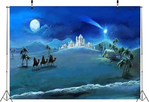 BELECO Fabric 7x5ft Nativity Scene Backdrop Christmas Night Stars Holy Family and Three Kings Desert Castle Cottage Manger Birth of Jesus Backdrop Outdoor Xmas Decor Church Religion Photo Booth Props in Kuwait