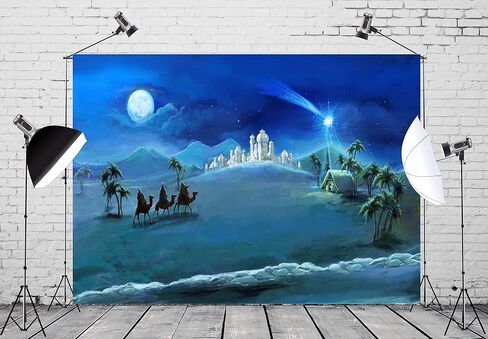 BELECO Fabric 7x5ft Nativity Scene Backdrop Christmas Night Stars Holy Family and Three Kings Desert Castle Cottage Manger Birth of Jesus Backdrop Outdoor Xmas Decor Church Religion Photo Booth Props in Kuwait
