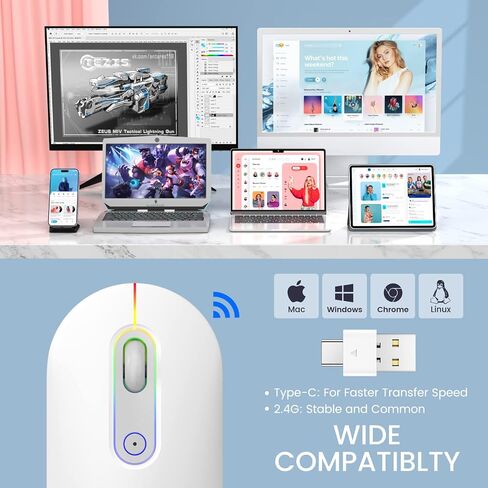 LODVIE Wireless Mouse, 2.4G Slim Silent Computer Mouse with RGB LED Backlight, Rechargeable Cordless USB Mouse for Laptop/MacBook Pro/Air/Mac/Chromebook/Computer(White) in Saudi Arabia