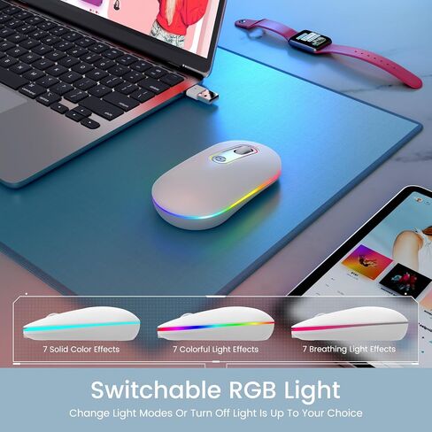 LODVIE Wireless Mouse, 2.4G Slim Silent Computer Mouse with RGB LED Backlight, Rechargeable Cordless USB Mouse for Laptop/MacBook Pro/Air/Mac/Chromebook/Computer(White) in Saudi Arabia
