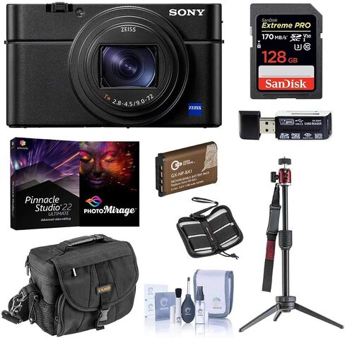 Sony Cyber-Shot DSC-RX100 VII Digital Camera - Bundle with 128GB SDXC U3 Card, Table top Tripod, Camera Case, Spare Battery, Memory Wallet, Cleaning Kit, Card Reader, Pro PC Software Package in Saudi Arabia