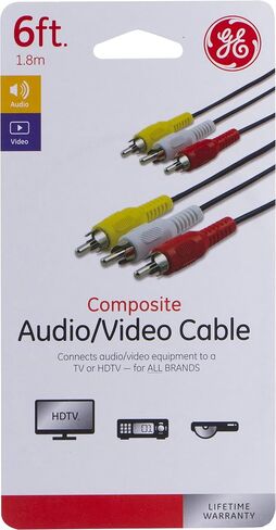 GE Composite Audio/ Video Cable, 6 ft. RCA Style Plugs 3-Male to 3-Male,, for TV, VCR, DVD, Blu Ray, Video Game System, Satellite, and Home Theater Receivers, 33608 in Saudi Arabia
