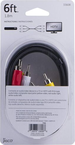 GE Composite Audio/ Video Cable, 6 ft. RCA Style Plugs 3-Male to 3-Male,, for TV, VCR, DVD, Blu Ray, Video Game System, Satellite, and Home Theater Receivers, 33608 in Saudi Arabia