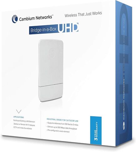 كامبيوم نتويركس جسر في علبة UHD | التوصيل والتشغيل في الهواء الطلق جسر إيثرنت لاسلكي | رابط نقطة إلى نقطة مقترن مسبقًا | نطاق لاسلكي 1 ميل | 802.11ac | ما يصل إلى 600 ميجابت في الثانية (C058900B701A) in Kuwait