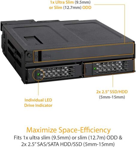 ICY DOCK 2 Bay 2.5 SAS/SATA SSD/HDD & (Ultra) Slim Optical Disk Drive CD DVD ROM Backplane Enclosure for 5.25" Bay | ToughArmor MB602SPO-B in Kuwait
