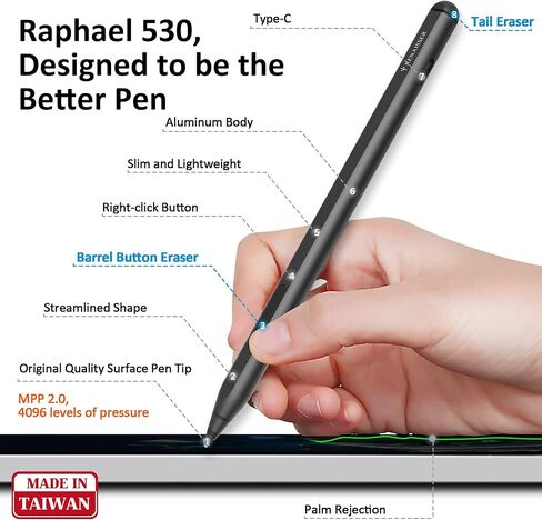 رينايسير قلم ستايلس 530 من رافاييل للسطح، ذيل ناعم وممحاة مزدوجة، مصمم في هيوستن، صنع في تايوان، شحن USB-C، حساسية ضغط 4096، لجهاز سيرفس برو 9 وبرو 8/ لابتوب 5 in Kuwait