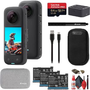 Insta360 X3 - كاميرا أكشن 360 مقاومة للماء مع مستشعرات 1/2 بوصة 48 ميجابكسل، فيديو 5.7K 360، صورة 72 ميجابكسل 360، تثبيت، شاشة لمس، بث مباشر + بطاريتين إضافيتين + شاحن + عصا سيلفي + حافظة + المزيد in Kuwait