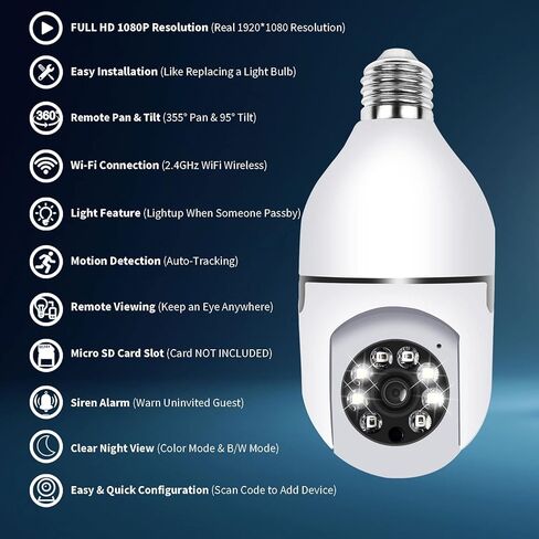 TIENCIY Pan Tilt Security Light Camera, Full-HD 1080P Wireless Wi-Fi IP Camera, Home Surveillance CCTV Cameras with Motion Auto Tracking/Siren Alarm/Night Vision/Remote Viewing/Two-Way Audio in Kuwait
