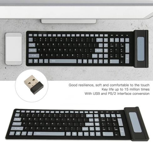 103 Keys Wireless Foldable Silicone Keyboard, Portable Soft Touch Flexible Keyboard Roll Up Keyboard with USB Receiver, Silent Typing Waterproof Keyboard for PC Laptop (Blue) in Saudi Arabia