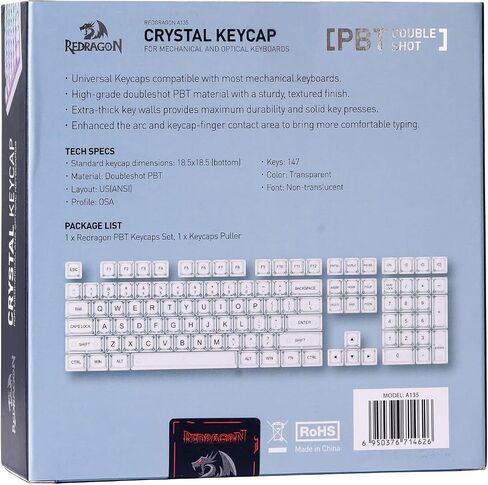 Redragon A135 Crystal KeyCaps، مجموعة 147 مفتاحًا قياسيًا Doubleshot PBT Keycap، ملف تعريف OSA، تخطيط أمريكي (ANSI)، متوافق مع معظم لوحات المفاتيح الميكانيكية ولوحات المفاتيح الضوئية، يتضمن ساحبة أغطية المفاتيح in Kuwait