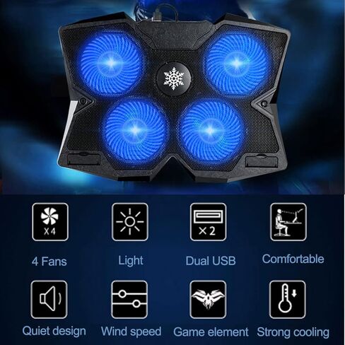 كوسكين قاعدة تبريد للابتوب والنوت بوك للالعاب مع 4 مراوح هادئة واضاءة LED زرقاء، 2 USB لاجهزة اللابتوب مقاس 10-17 انش in Kuwait