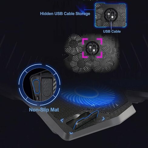 كوسكين قاعدة تبريد للابتوب والنوت بوك للالعاب مع 4 مراوح هادئة واضاءة LED زرقاء، 2 USB لاجهزة اللابتوب مقاس 10-17 انش in Kuwait