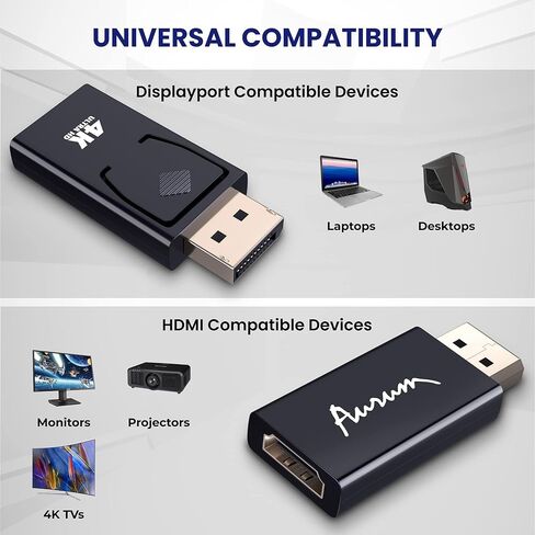 كابلات AURUM 4K DisplayPort إلى محول HDMI، ذكر إلى أنثى محول HDMI أحادي الاتجاه إلى DP 30 هرتز، 1080P@120 هرتز وثلاثي الأبعاد، موصل مطلي بالذهب، متوافق مع أجهزة كمبيوتر Dell وHP وLenovo، أسود in Kuwait