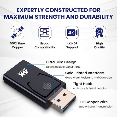 كابلات AURUM 4K DisplayPort إلى محول HDMI، ذكر إلى أنثى محول HDMI أحادي الاتجاه إلى DP 30 هرتز، 1080P@120 هرتز وثلاثي الأبعاد، موصل مطلي بالذهب، متوافق مع أجهزة كمبيوتر Dell وHP وLenovo، أسود in Kuwait