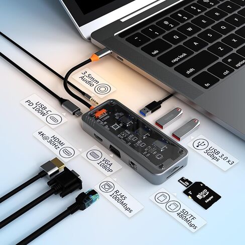 موزع USB نوع سي متعدد المنافذ 10 في 1 من هواف اند جينز، مع 3 منافذ USB 3.0 عالية السرعة، 4K HDMI، 1080p VGA، جيجابت ايثرنت، مقبس صوت 3.5 ملم، فتحات بطاقة SD/TF، شحن PD 100 واط in Saudi Arabia