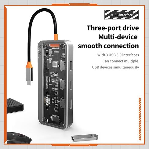 موزع USB نوع سي متعدد المنافذ 10 في 1 من هواف اند جينز، مع 3 منافذ USB 3.0 عالية السرعة، 4K HDMI، 1080p VGA، جيجابت ايثرنت، مقبس صوت 3.5 ملم، فتحات بطاقة SD/TF، شحن PD 100 واط in Saudi Arabia