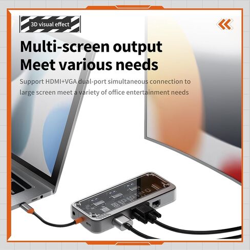موزع USB نوع سي متعدد المنافذ 10 في 1 من هواف اند جينز، مع 3 منافذ USB 3.0 عالية السرعة، 4K HDMI، 1080p VGA، جيجابت ايثرنت، مقبس صوت 3.5 ملم، فتحات بطاقة SD/TF، شحن PD 100 واط in Saudi Arabia