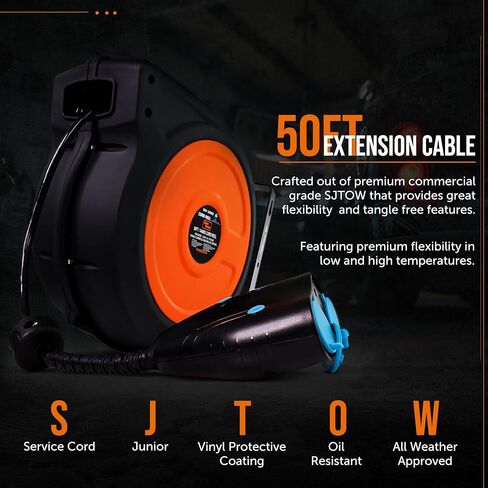 تمديد بكرة الحبل الفائق 12AWG × 50 قدم (3) IP64 مقاوم للماء مصنف عند 15 أمبير 1875 وات تراجع بطيء متقدم in Kuwait