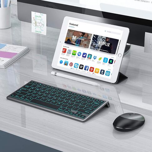 لوحة مفاتيح وماوس بلوتوث بإضاءة خلفية من سيندا لـ iOS، iPad، iPhone، لوحة مفاتيح لاسلكية متعددة الأجهزة وماوس قابلة لإعادة الشحن، تصميم أمريكي صامت محمول لجهاز iPad Pro/Air/Mini، iPad 9.7/10.2 بوصة، iPhone، رمادي in Saudi Arabia
