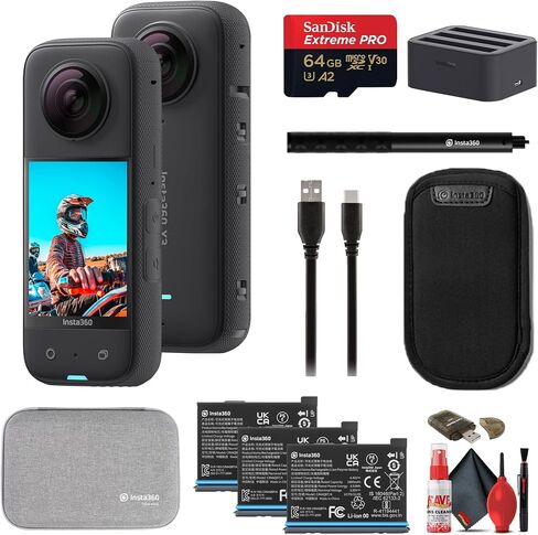 Insta360 X3 - كاميرا أكشن 360 مقاومة للماء مع مستشعرات 1/2 بوصة 48 ميجابكسل، فيديو 5.7K 360، صورة 72 ميجابكسل 360، تثبيت، شاشة لمس، بث مباشر + بطاريتين إضافيتين + شاحن + عصا سيلفي + حافظة + المزيد in Kuwait