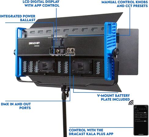 Dracast Kala Plus Series 3000 Bicolor LED Video Light | Adjustable 3200K - 5600K | App Control | Dimmable 0-100% | CRI & TLCI 96+ | V-Mount Battery Plate | Barn Doors and Diffusion Panel Included in Saudi Arabia