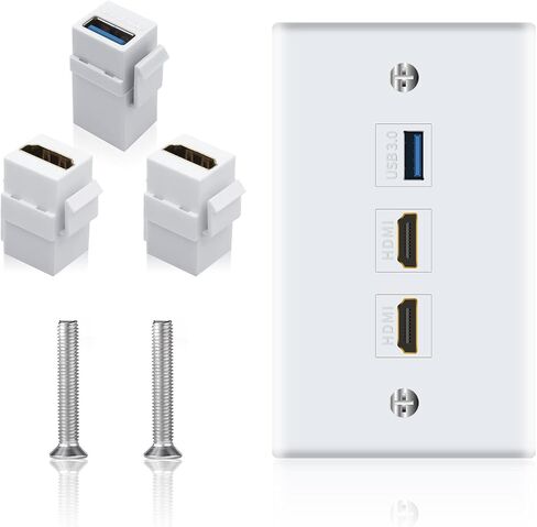 لوحة حائط Poyiccot HDMI USB، لوحة حائط HDMI USB 3.0، لوحة حائط 3 منافذ Keystone مع 4K HDMI + USB 3.0، لمقبس تثبيت الكابل ومنفذ حائط HDMI ومنفذ حائط USB، أبيض (USB + HDMI) in Saudi Arabia