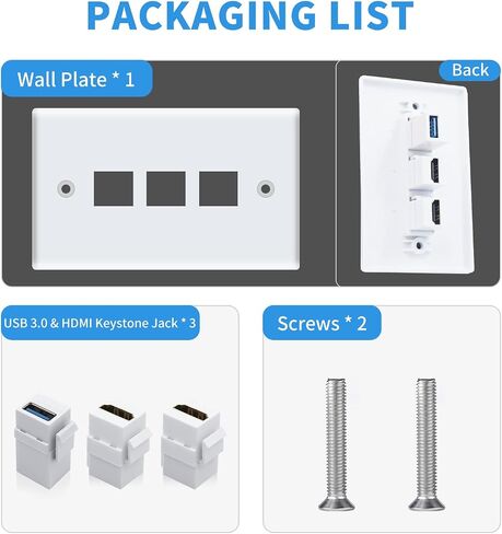 لوحة حائط Poyiccot HDMI USB، لوحة حائط HDMI USB 3.0، لوحة حائط 3 منافذ Keystone مع 4K HDMI + USB 3.0، لمقبس تثبيت الكابل ومنفذ حائط HDMI ومنفذ حائط USB، أبيض (USB + HDMI) in Saudi Arabia