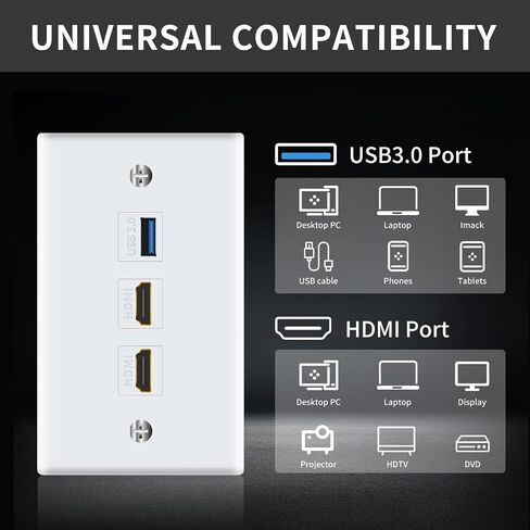 لوحة حائط Poyiccot HDMI USB، لوحة حائط HDMI USB 3.0، لوحة حائط 3 منافذ Keystone مع 4K HDMI + USB 3.0، لمقبس تثبيت الكابل ومنفذ حائط HDMI ومنفذ حائط USB، أبيض (USB + HDMI) in Saudi Arabia