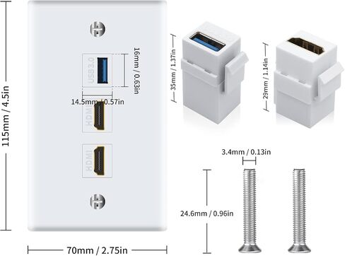 لوحة حائط Poyiccot HDMI USB، لوحة حائط HDMI USB 3.0، لوحة حائط 3 منافذ Keystone مع 4K HDMI + USB 3.0، لمقبس تثبيت الكابل ومنفذ حائط HDMI ومنفذ حائط USB، أبيض (USB + HDMI) in Saudi Arabia