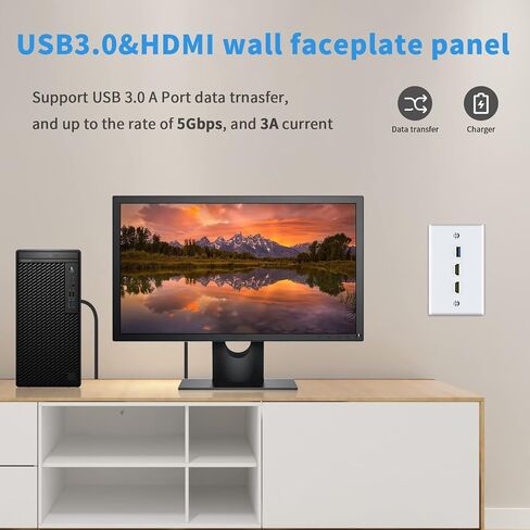 لوحة حائط Poyiccot HDMI USB، لوحة حائط HDMI USB 3.0، لوحة حائط 3 منافذ Keystone مع 4K HDMI + USB 3.0، لمقبس تثبيت الكابل ومنفذ حائط HDMI ومنفذ حائط USB، أبيض (USB + HDMI) in Saudi Arabia