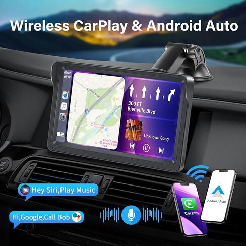 Apple CarPlay، ستيريو سيارة محمول لاسلكي Apple Carplay & Android Auto، شاشة لمس IPS 7 بوصة، راديو سيارة محمول مع بلوتوث حر اليدين/وصلة مرآة/AirPlay/Siri/USB/TF/AUX/FM in Kuwait