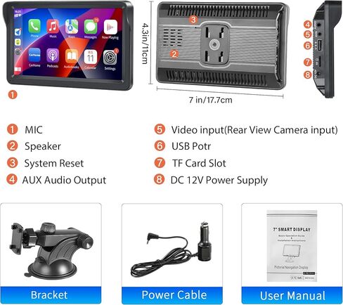 Apple CarPlay، ستيريو سيارة محمول لاسلكي Apple Carplay & Android Auto، شاشة لمس IPS 7 بوصة، راديو سيارة محمول مع بلوتوث حر اليدين/وصلة مرآة/AirPlay/Siri/USB/TF/AUX/FM in Kuwait