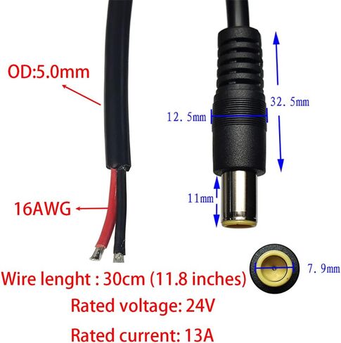3PCS DC7909 DC8mm Power Cable, 12V 24V DC 8mm Male Plug to Bare Wire Open End Power Wire Supply Repair Cable, 16AWG DC 7.9 x 5.5mm Barrel Connector Pigtail for Solar Cell,Outdoor Power Supply(0.3m) in Kuwait