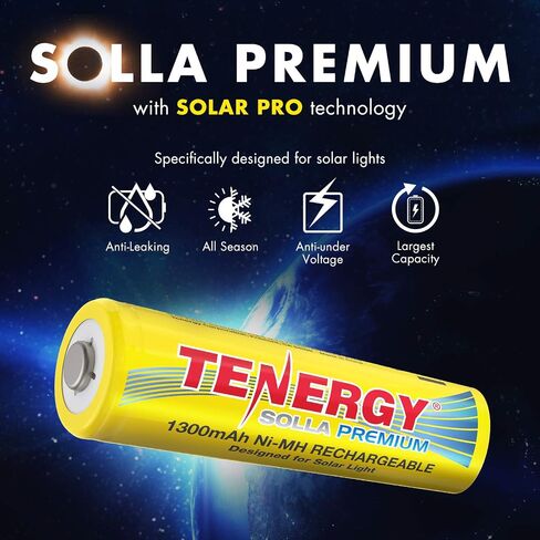 Tenergy Solla Premium Rechargeable NiMH AA Battery, 1300mAh Solar Batteries for Solar Garden Lights, Anti-Leak, Outdoor Durability, 5+ Years Performance, UL Certified, Pre-Charged 8 Pack in Saudi Arabia