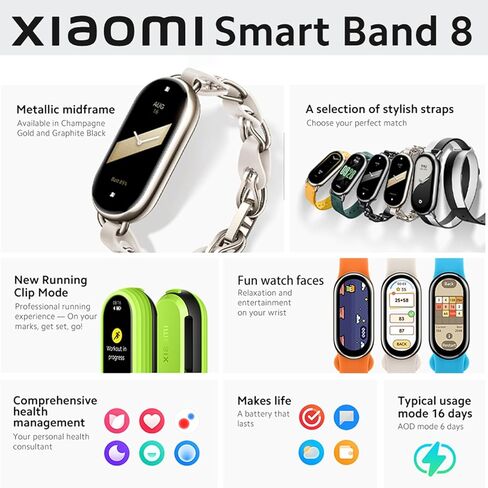 سوار Xiaomi Mi Smart Band 8 (الإصدار العالمي) لتعقب الصحة واللياقة البدنية مع معدل تحديث 60 هرتز، وشاشة AMOLED مقاس 1.62 بوصة، وعمر البطارية 16 يومًا، وأكثر من 150 وضعًا رياضيًا، وأكسجين الدم، ومعدل ضربات القلب، ومراقبة النوم والإجهاد in Kuwait
