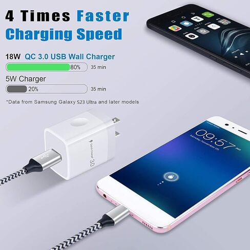 شاحن حائط USB سريع الشحن 3.0 مع كابل من النوع C شحن سريع لهاتف Samsung Galaxy S23/S22/S21/S20 FE/Ultra/Plus 5G Note 20 Ultra/10 S10e A54 A34 A52 A13 A20، 18 وات 3 أمبير قابس محول الطاقة C سلك in Saudi Arabia