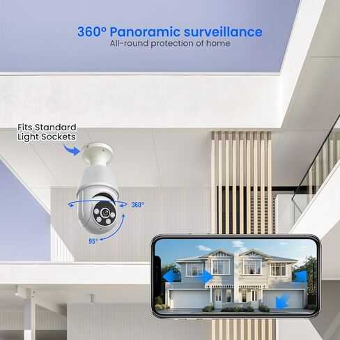كاميرا مراقبة SHARKPOP 1080P بمصباح كهربائي، مراقبة لاسلكية داخلية وخارجية واي فاي، اكتشاف الإنسان، عرض مباشر، رؤية ليلية ملونة، كاميرا قبة بانورامية 360 درجة، صوت ثنائي الاتجاه، تخزين سحابي in Kuwait