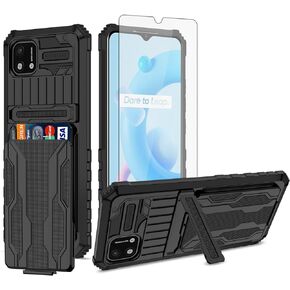 Asuwish Phone Case for Oppo Realme C20/C20A/C11 2021 with Tempered Glass Screen Protector Cover and Slim Credit Card Holder Stand Hybrid Mobile Slot Cell Accessories RealmeC11 RMX3231 Women Men Black