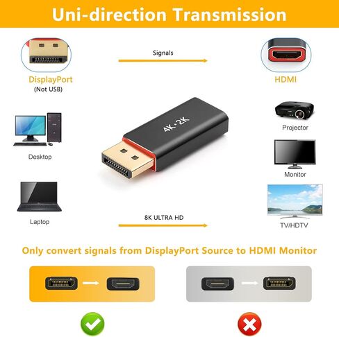محول منفذ عرض الى HDMI، محول نوليث DP الى HDMI 8K احادي الاتجاه ذكر الى موصل HDMI انثى مطلي بالذهب للابتوب والكمبيوتر المكتبي وتلفزيون HD وجهاز العرض والشاشة in Kuwait