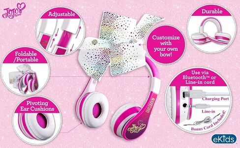 JoJo Siwa Kids Bluetooth Headphones for Wireless Rechargeable Foldable Bluetooth Headphones with Microphone Kid Friendly Sound and Bonus Detachable Cord in Saudi Arabia