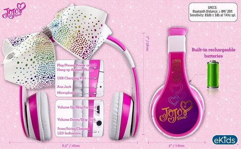 JoJo Siwa Kids Bluetooth Headphones for Wireless Rechargeable Foldable Bluetooth Headphones with Microphone Kid Friendly Sound and Bonus Detachable Cord in Saudi Arabia