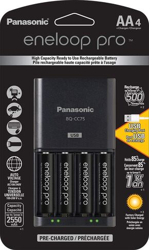 Eneloop Panasonic Battery Charger with USB Charging Port and 4AA Pro Capacity Rechargeable Batteries & Battery Charger with USB Charging Port and 4AAA Pro High Capacity Rechargeable Batteries in Saudi Arabia