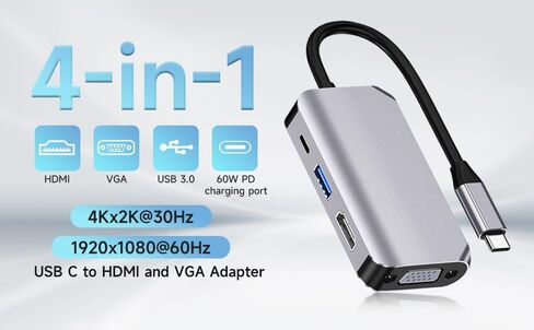 4 في 1 USB Type C Hub Splitter Docking Station Dongle Multiport محول، UHD HDMI 4K@30 هرتز، VGA 1080P@60 هرتز، USB 3.0، شحن سريع USB C، 5 جيجابت في الثانية متوافق مع MacBook وiPad وSamsung وDell XPS والكمبيوتر المحمول in Kuwait