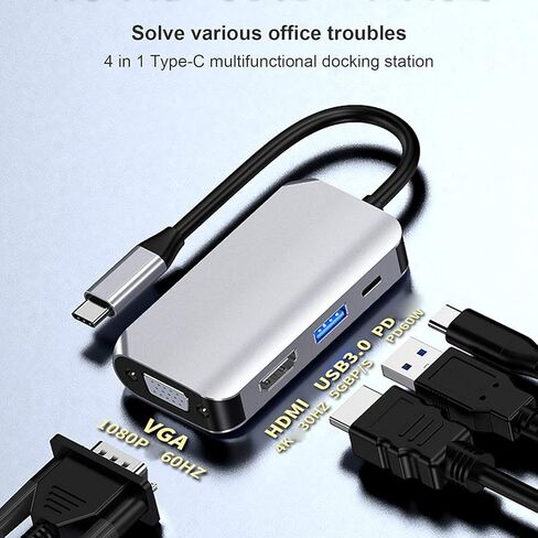 4 في 1 USB Type C Hub Splitter Docking Station Dongle Multiport محول، UHD HDMI 4K@30 هرتز، VGA 1080P@60 هرتز، USB 3.0، شحن سريع USB C، 5 جيجابت في الثانية متوافق مع MacBook وiPad وSamsung وDell XPS والكمبيوتر المحمول in Kuwait