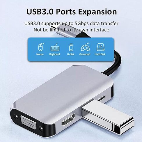 4 في 1 USB Type C Hub Splitter Docking Station Dongle Multiport محول، UHD HDMI 4K@30 هرتز، VGA 1080P@60 هرتز، USB 3.0، شحن سريع USB C، 5 جيجابت في الثانية متوافق مع MacBook وiPad وSamsung وDell XPS والكمبيوتر المحمول in Kuwait