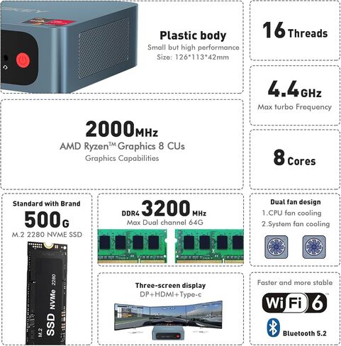 TRIGKEY Mini PC Ryzen 7 Speed S5 5800H(Up to 4.4GHz,L3 16MB) Mini Gaming Computer 32GB DDR4 3200MHz 1TB M.2 2280 NVMe SSD, Wi-Fi 6/Bluetooth 5.2/4K@60Hz/HDMI+DP+Type-C/USB 3.2 Micro PC in Kuwait
