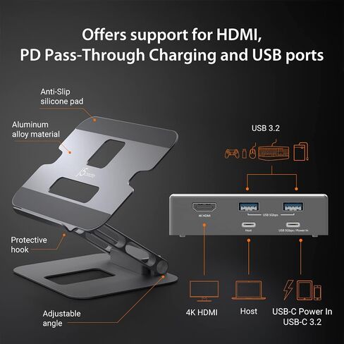 j5create Laptop Stand with USB C 4K HDMI Display Hub - 2 USB A 5Gbps, PD 100W with USB-C 5Gbps | Aluminum Computer Riser for MacBook and Windows Notebook (JTS327) in Saudi Arabia