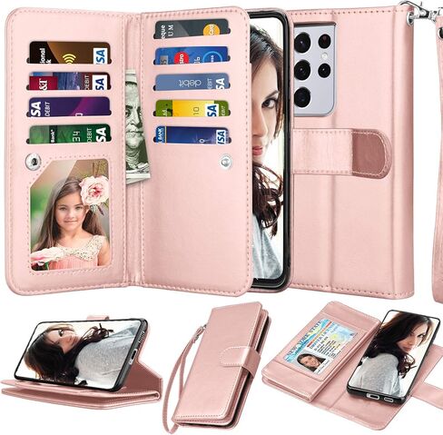 حافظة محفظة NJJEX لهاتف Samsung Galaxy S21 Plus 5G، لهاتف Galaxy S21 Plus مقاس 6.7 بوصة، [9 فتحات للبطاقات] حامل ائتمان من جلد البولي يوريثان قابل للفصل [قابل للفصل] غطاء هاتف مغناطيسي وحبل [ذهبي وردي] in Kuwait