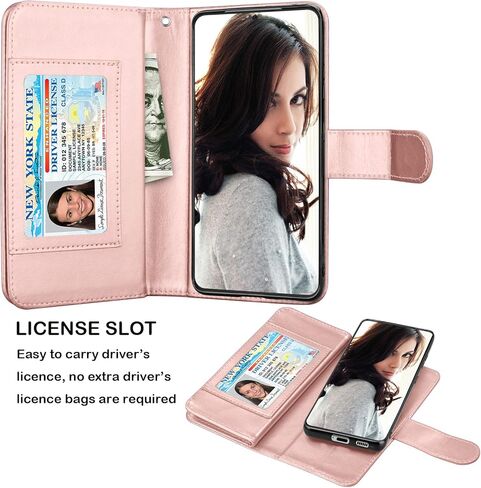 حافظة محفظة NJJEX لهاتف Samsung Galaxy S21 Plus 5G، لهاتف Galaxy S21 Plus مقاس 6.7 بوصة، [9 فتحات للبطاقات] حامل ائتمان من جلد البولي يوريثان قابل للفصل [قابل للفصل] غطاء هاتف مغناطيسي وحبل [ذهبي وردي] in Kuwait
