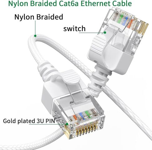 JUXINICE 2Pack Braided Cat6a Ethernet Cable-White,Ultra Slim Cat6 Ethernet Patch Cable 20FT, Right Angle Ethernet Cable Thin RJ45 Network Cable,Backward Compatible with Cat7 Cat6/Cat 5e/Cat5 in Kuwait